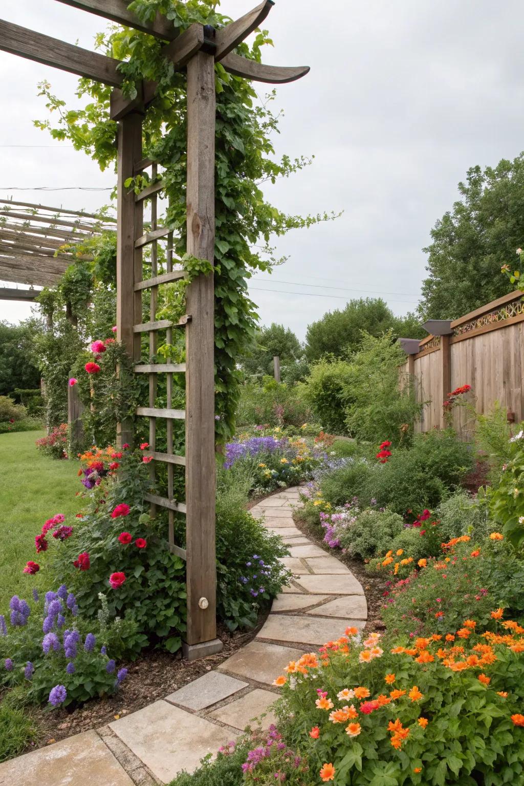 Vertical gardening adds height and interest to the space.