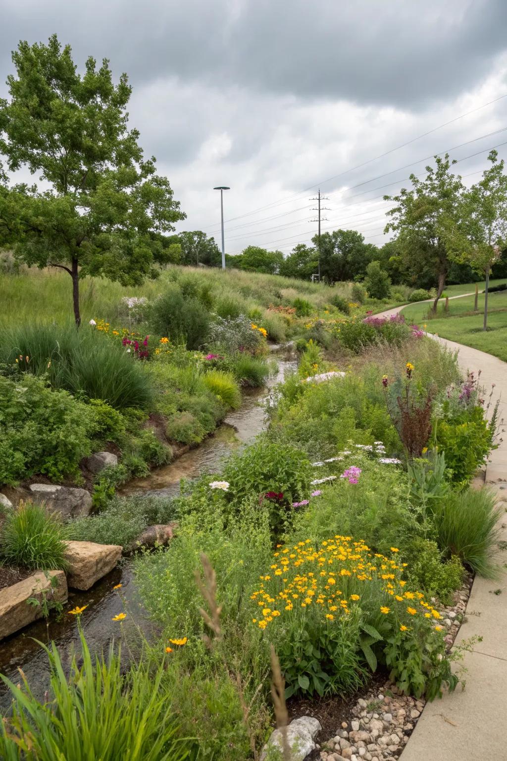 Rain gardens manage water flow and promote lush growth.