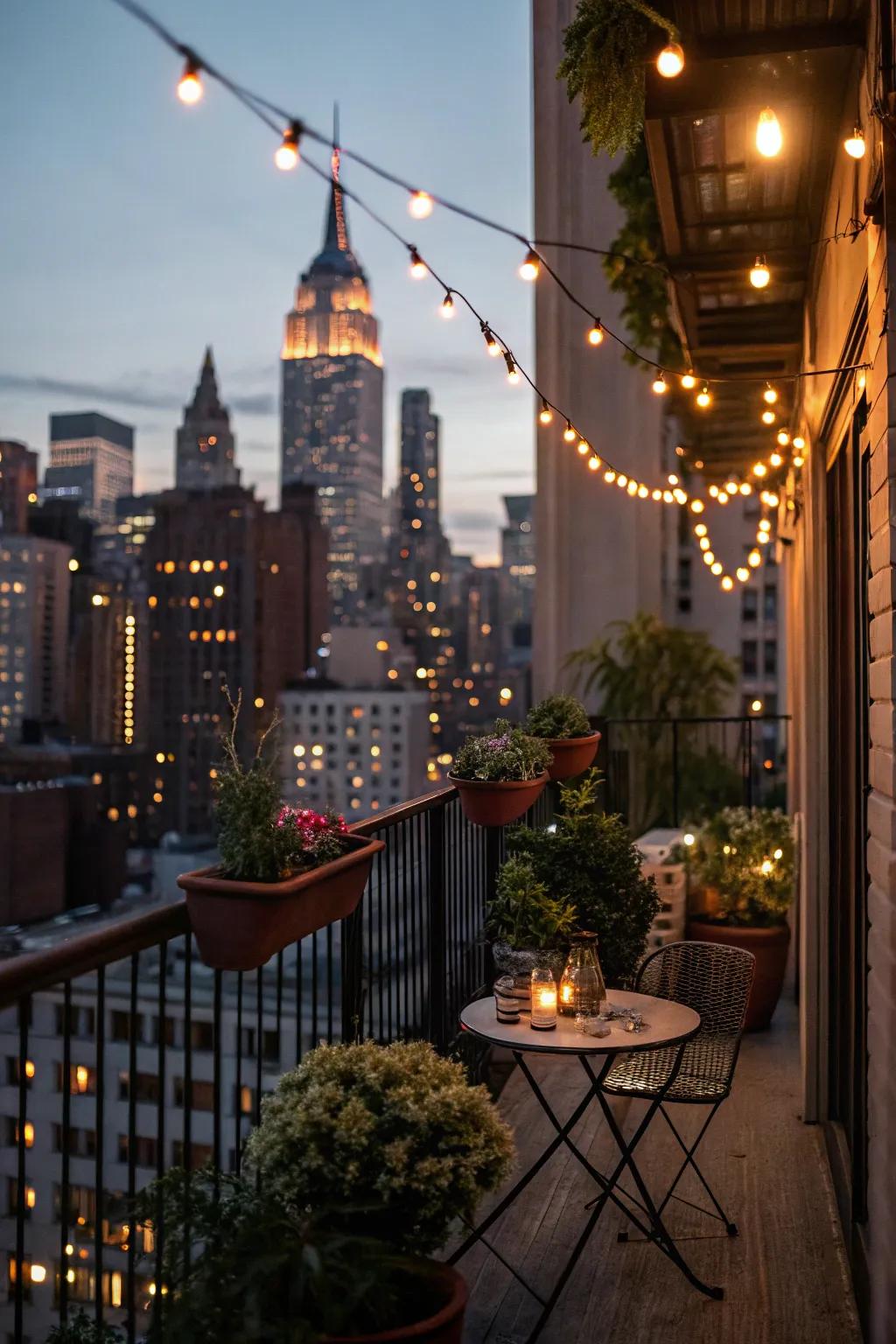 String lights add a magical touch to a NYC balcony.