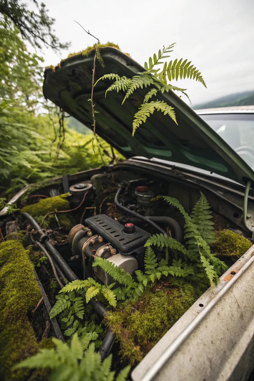A car's engine block area transformed into a lush green space.