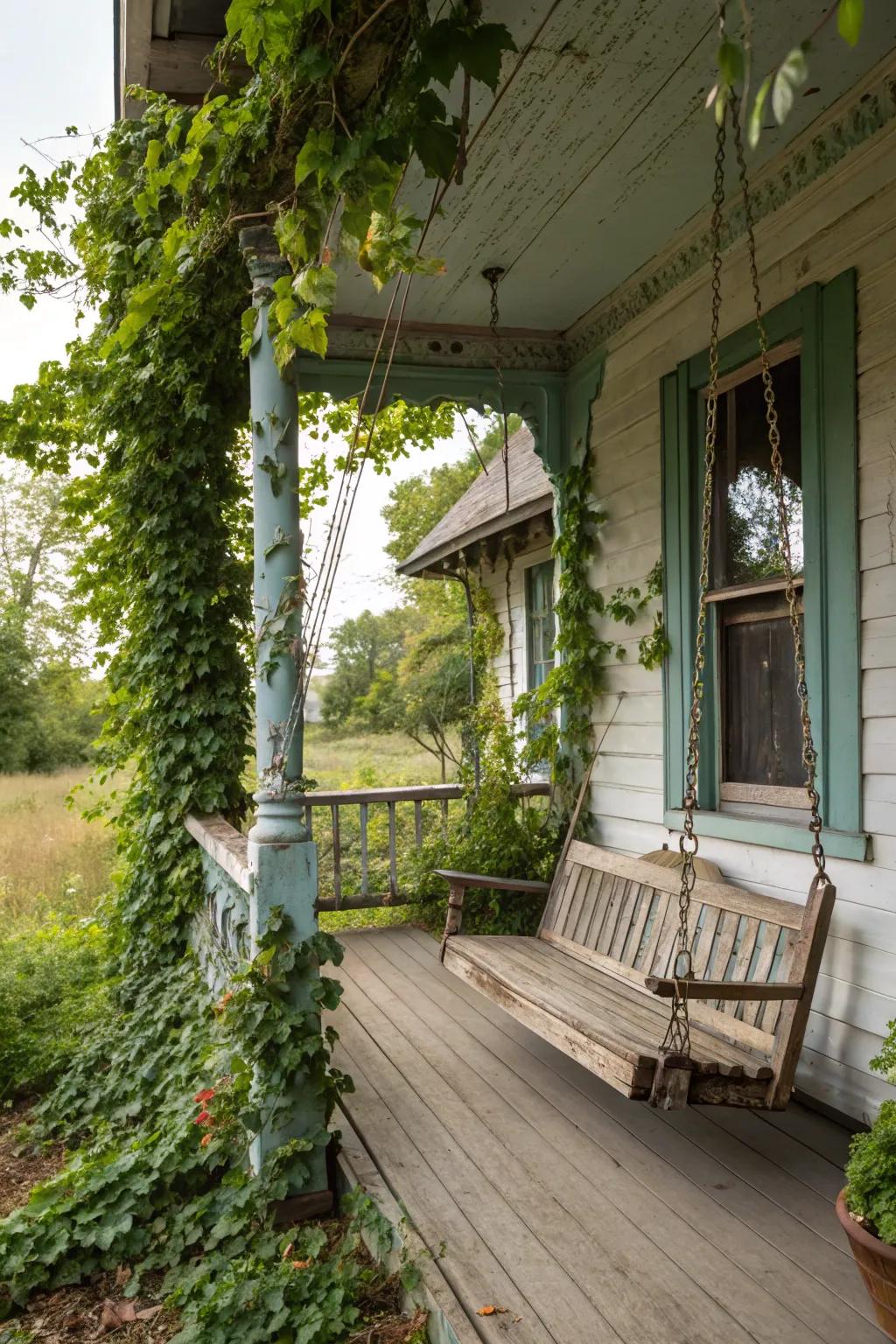 A porch swing offers relaxation and charm.