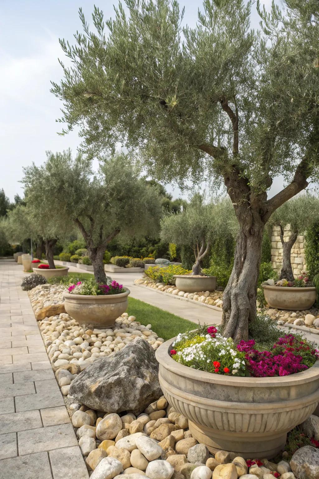A garden featuring olive trees with decorative rocks and planters.