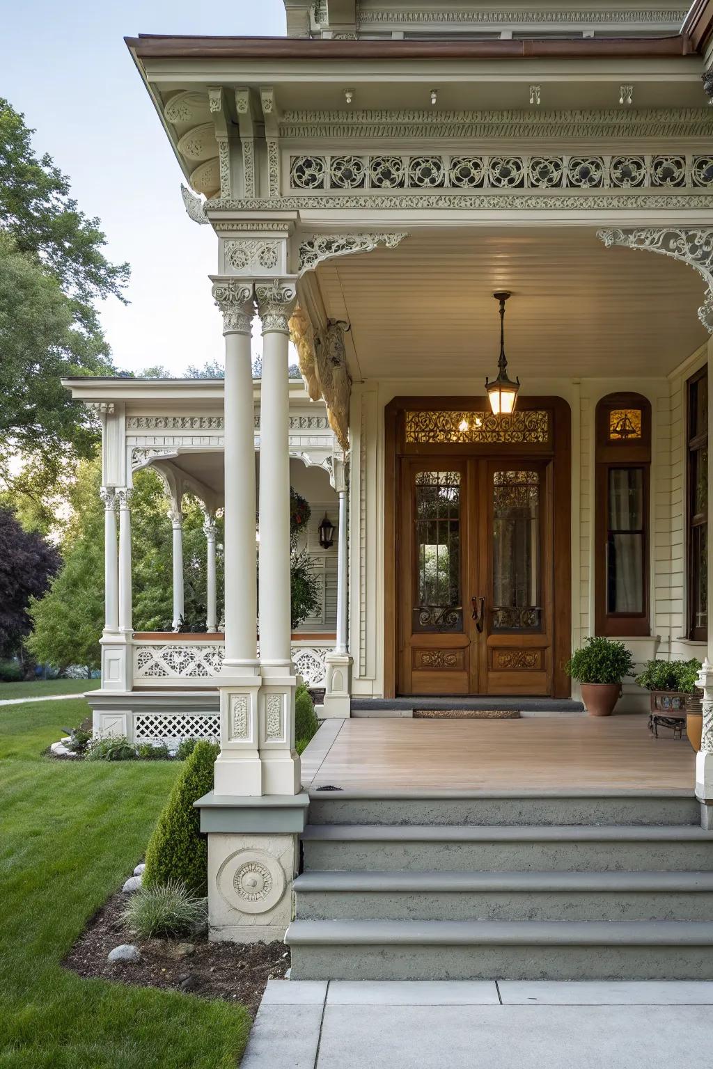 Architectural features enhance the porch's elegance.