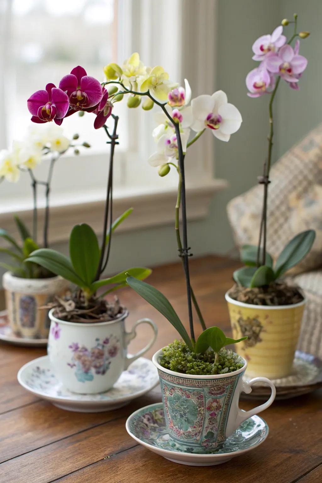 A mix of creative containers adds personality to orchid displays.
