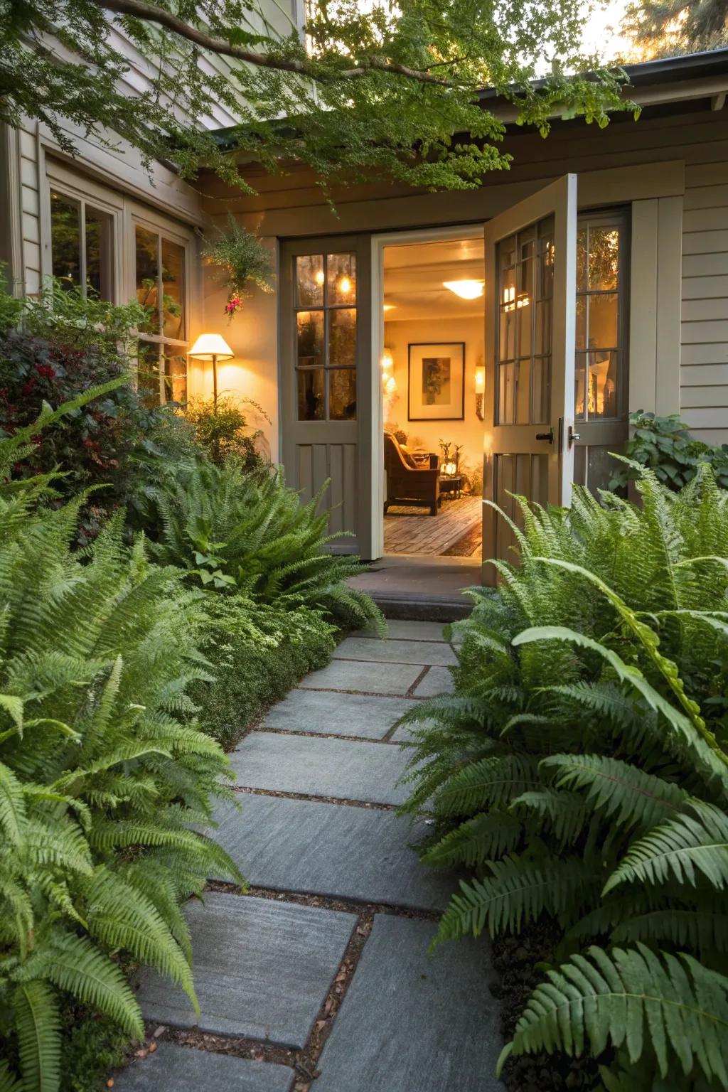 A welcoming entrance framed by lush ostrich ferns.