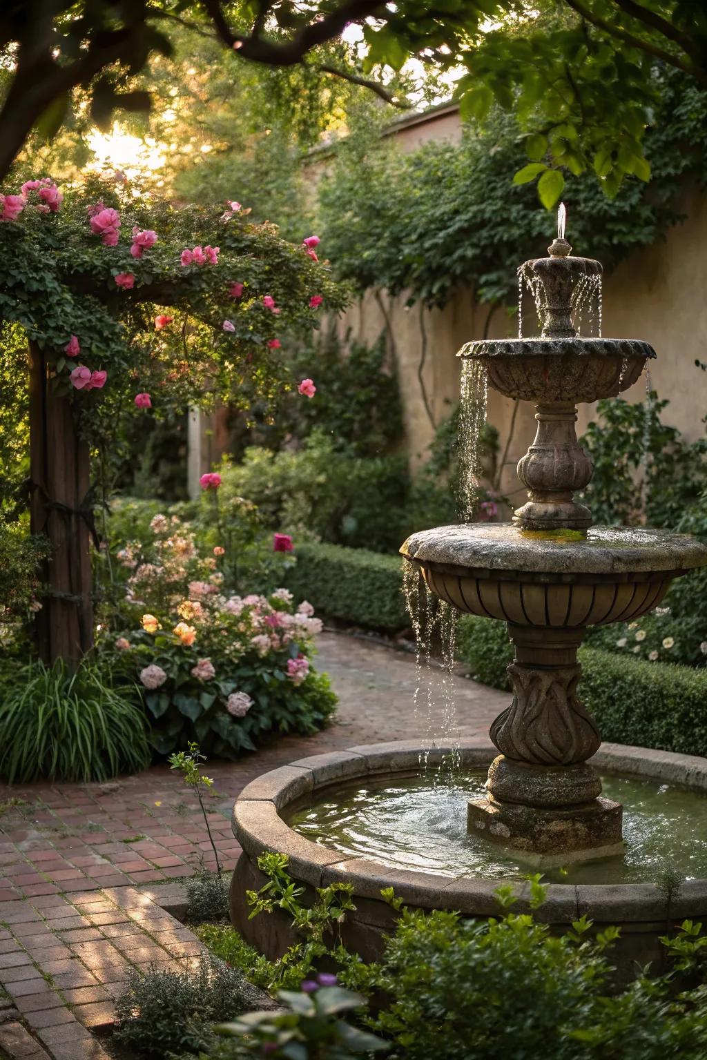 A serene water feature adds tranquility to the garden.
