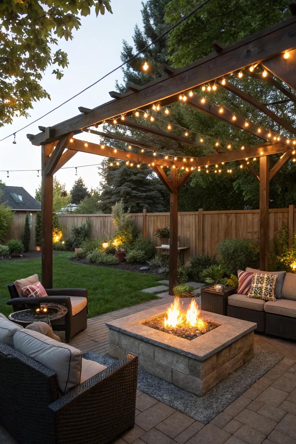 A pergola-covered fire pit creating a charming outdoor room.