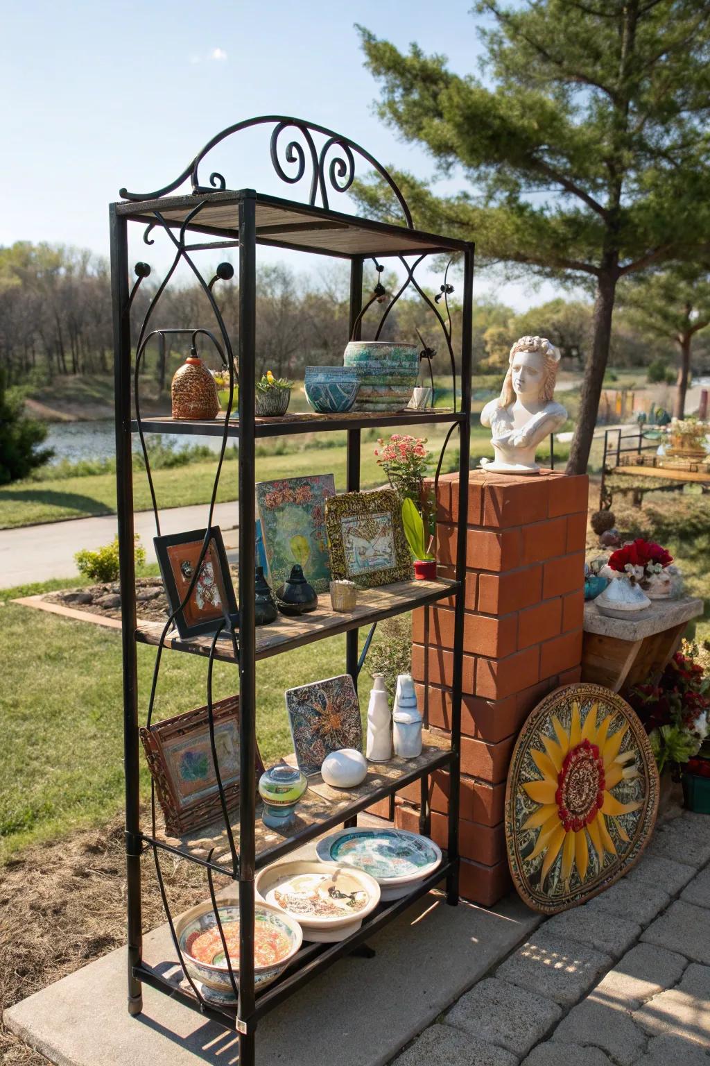 An artistic display on a baker's rack, turning the garden into a creative space.