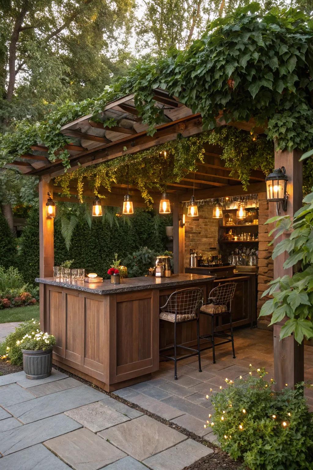 A pergola adds shelter and style to your outdoor bar cabinet.
