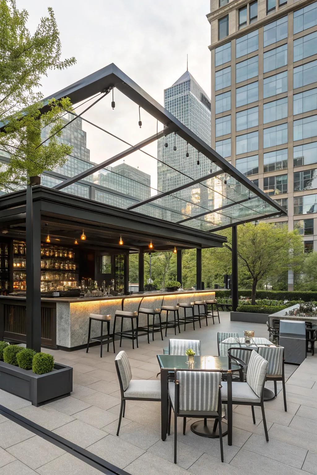 A glass roof combines luxury with functionality for your outdoor bar.