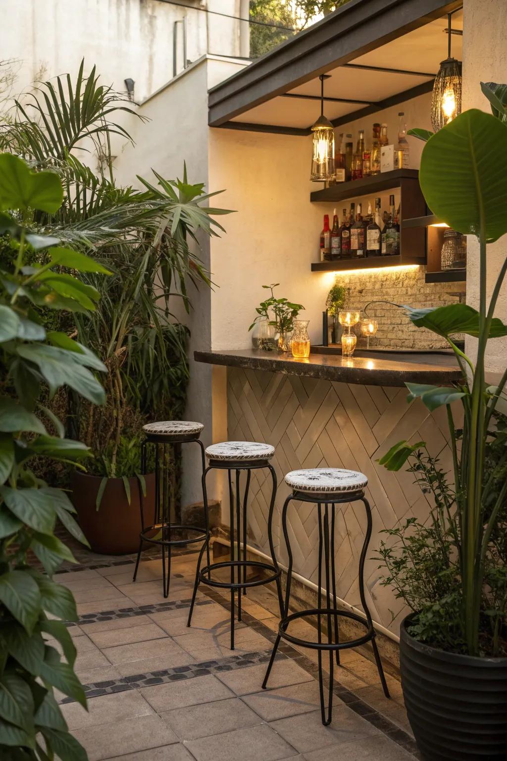 A corner bar utilizes space efficiently and adds charm.