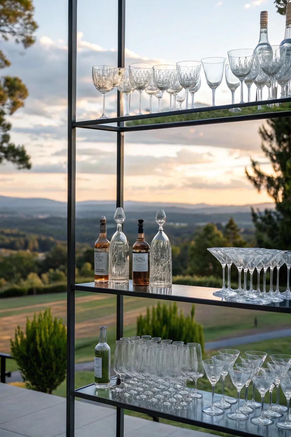 Glass shelves add a touch of sophistication to any bar.
