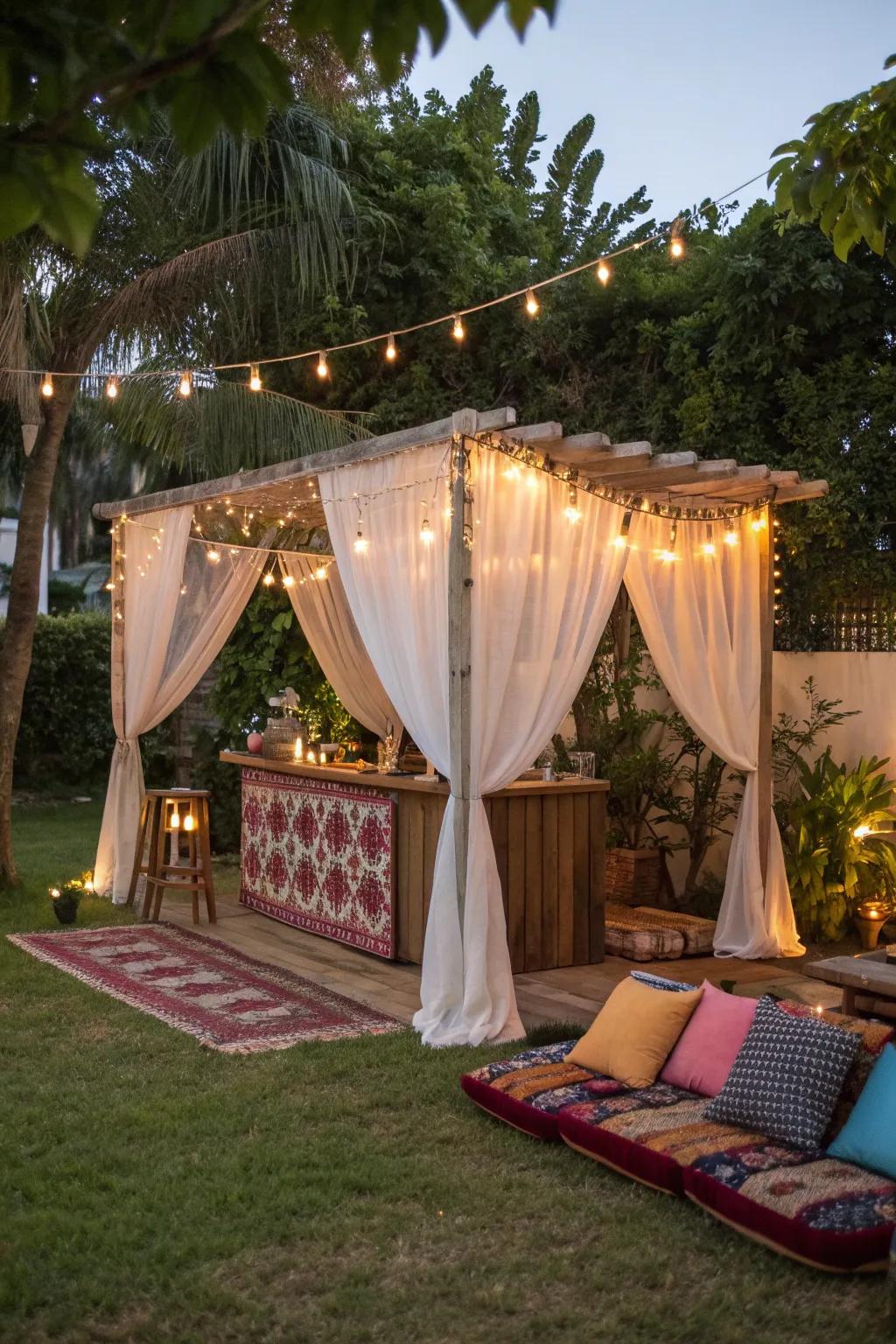 A boho chic canopy bar exudes a laid-back and inviting atmosphere.