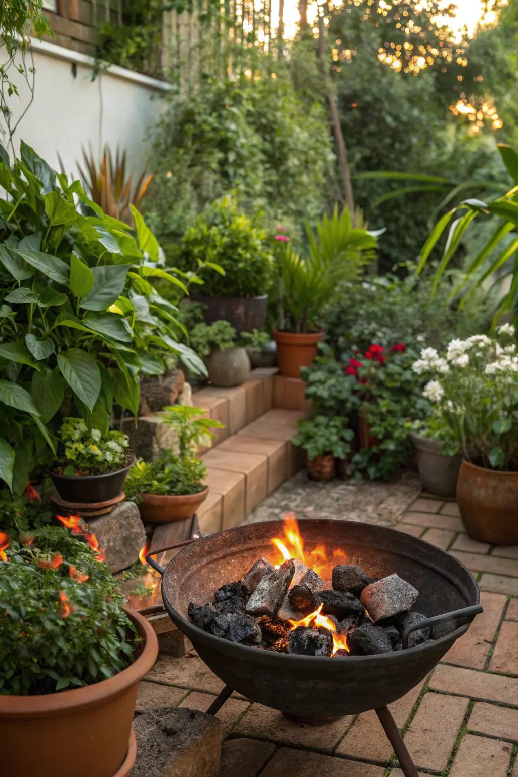 Create a serene atmosphere with greenery around your BBQ pit.