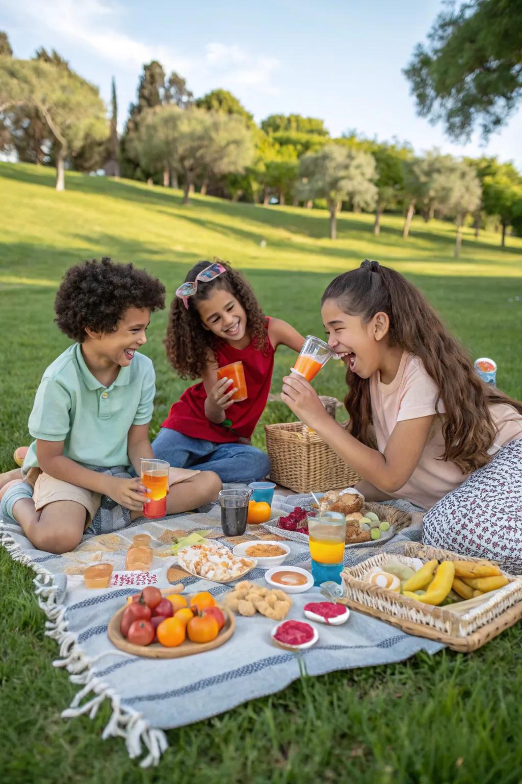 Kids enjoying a picnic with tasty snacks and drinks on a sunny day in the park.