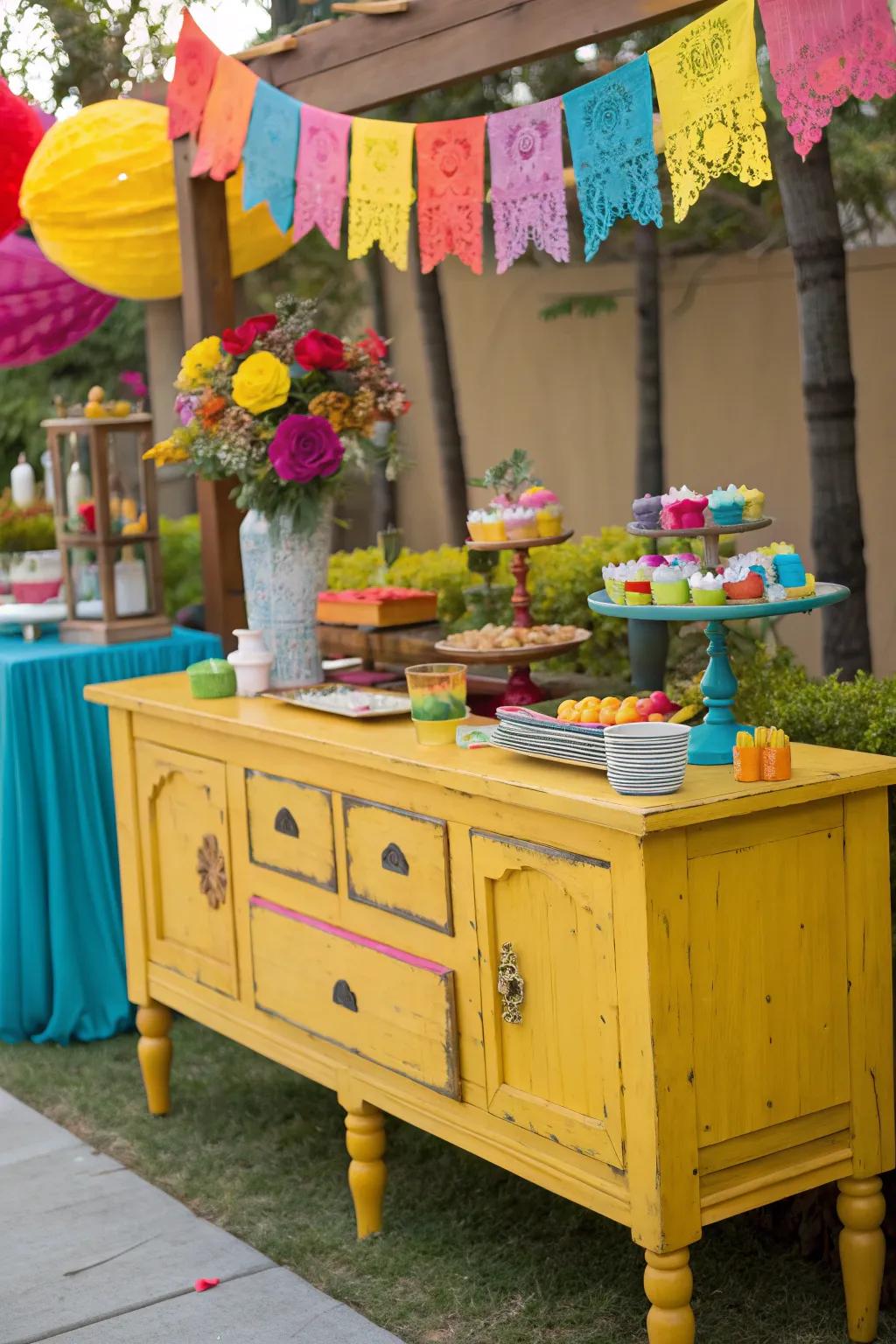 Add a pop of color with a lively painted wood buffet.