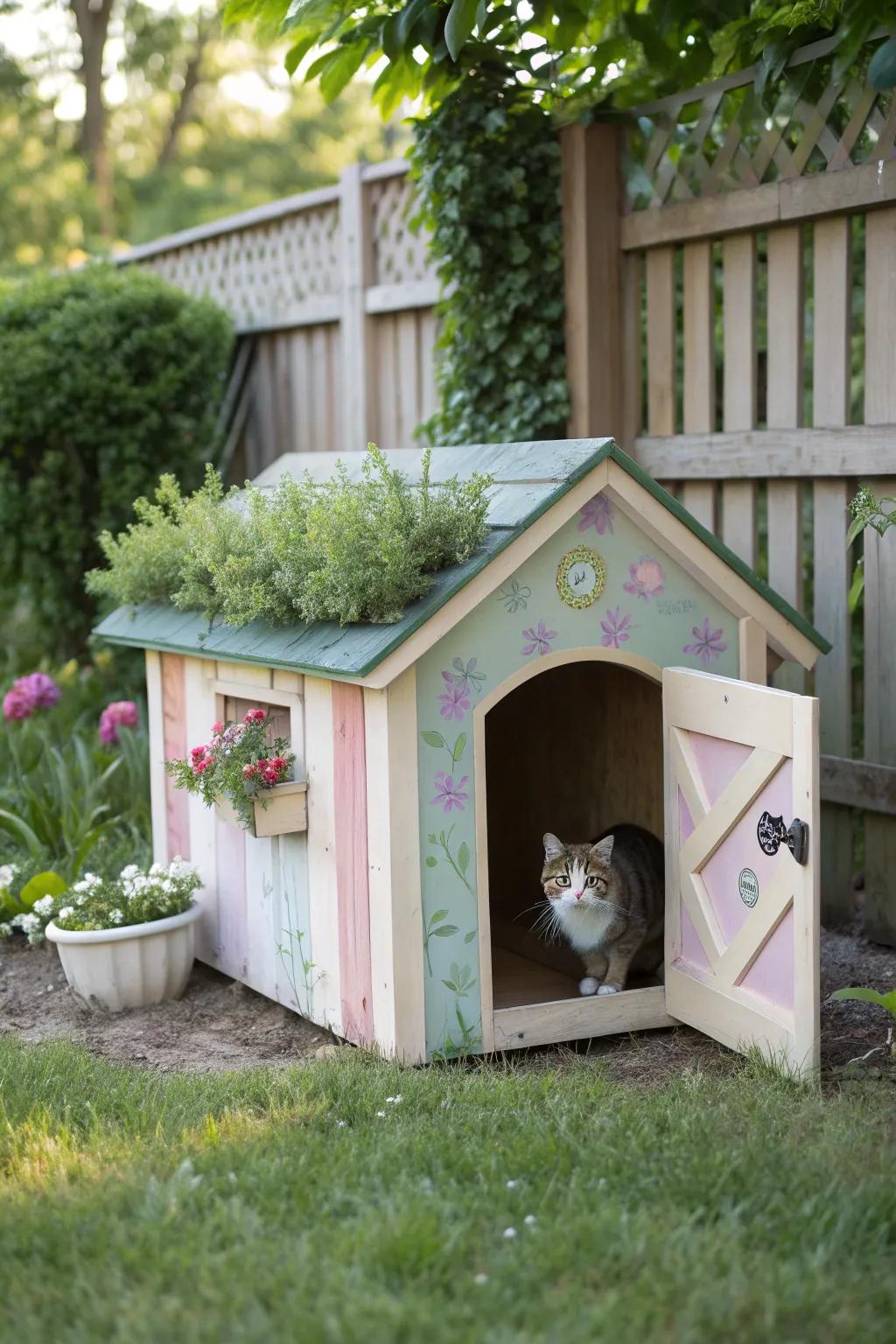 Converted doghouses provide sturdy, welcoming shelters for cats.