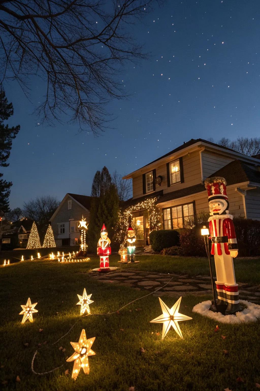 Illuminated figures bring festive charm to the yard.