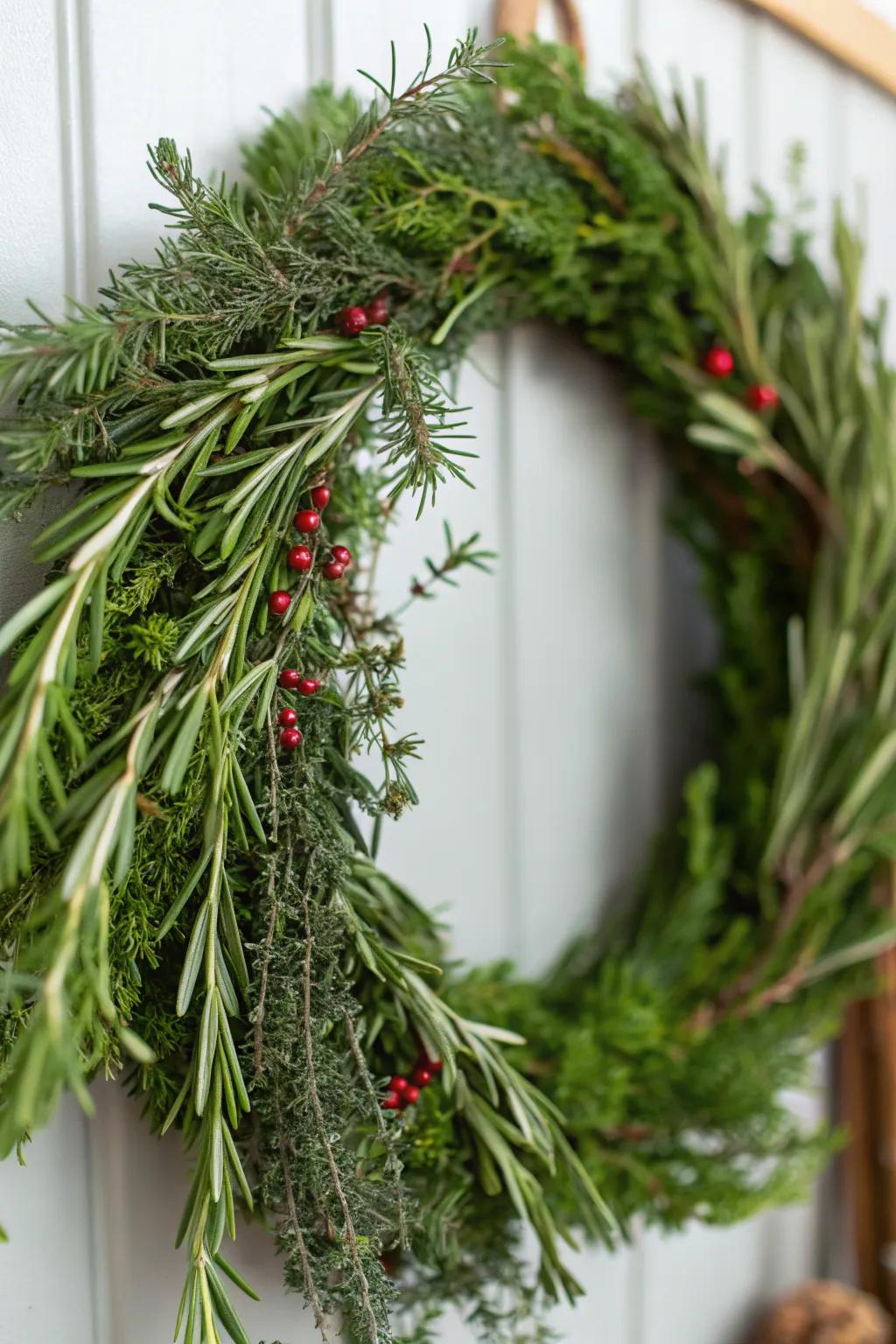 A fragrant wreath crafted from fresh herbs.