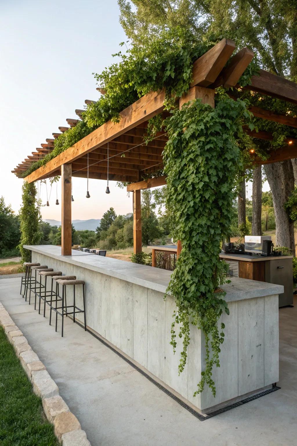 A shaded pergola provides the perfect cover for this outdoor bar.
