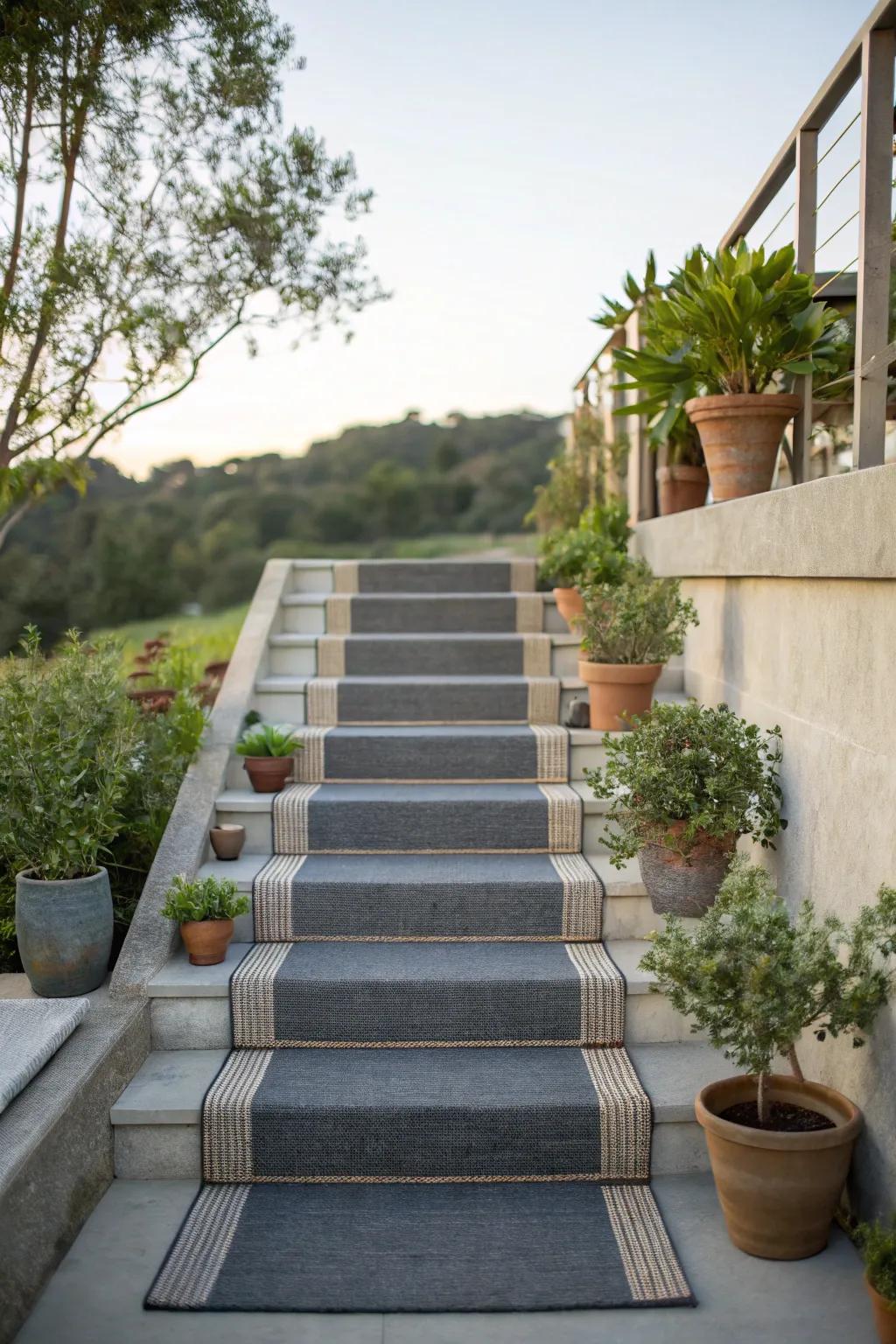 Concrete stairs with a cozy carpet runner.