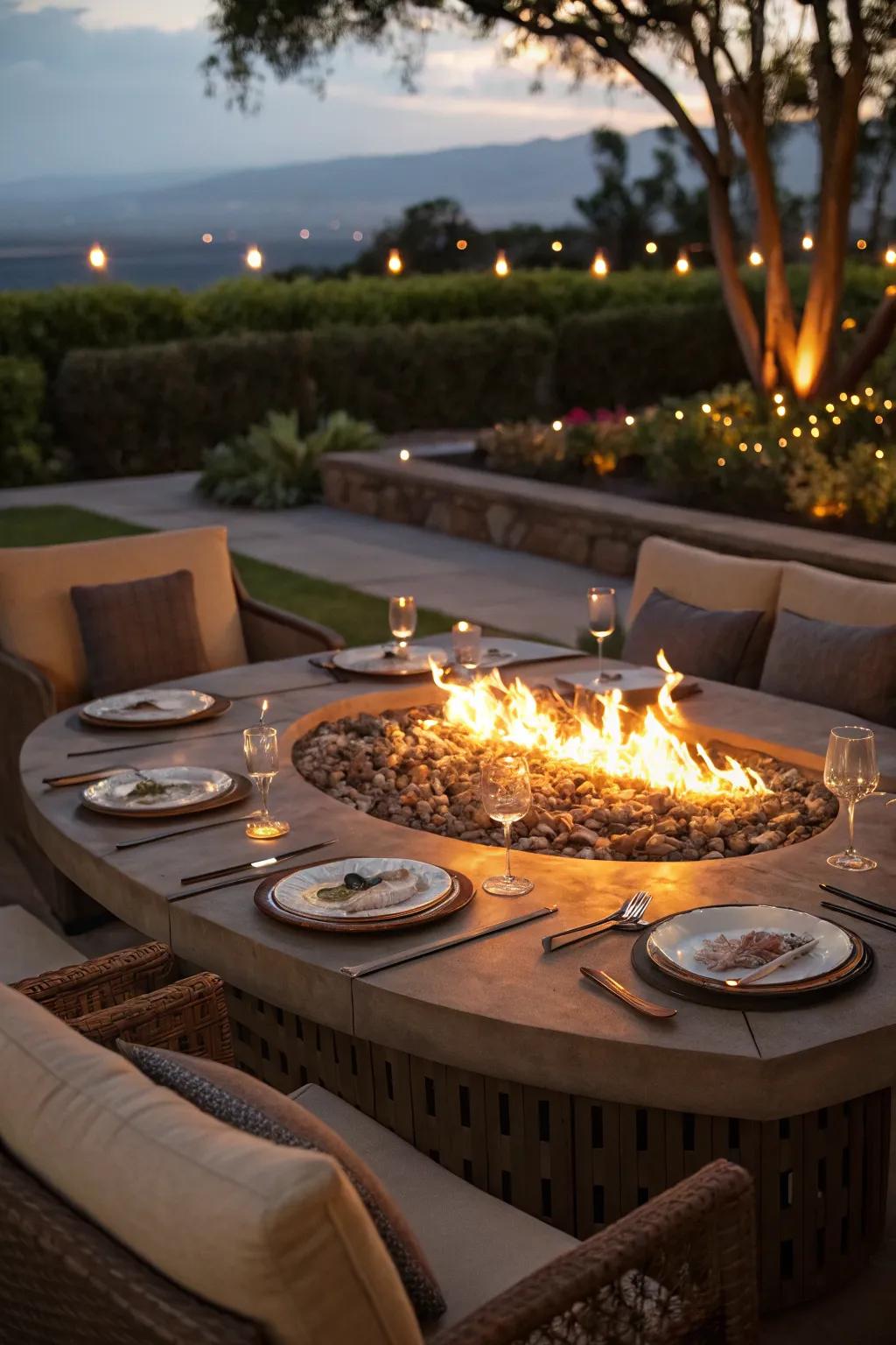 A fire pit table offering both warmth and dining convenience.