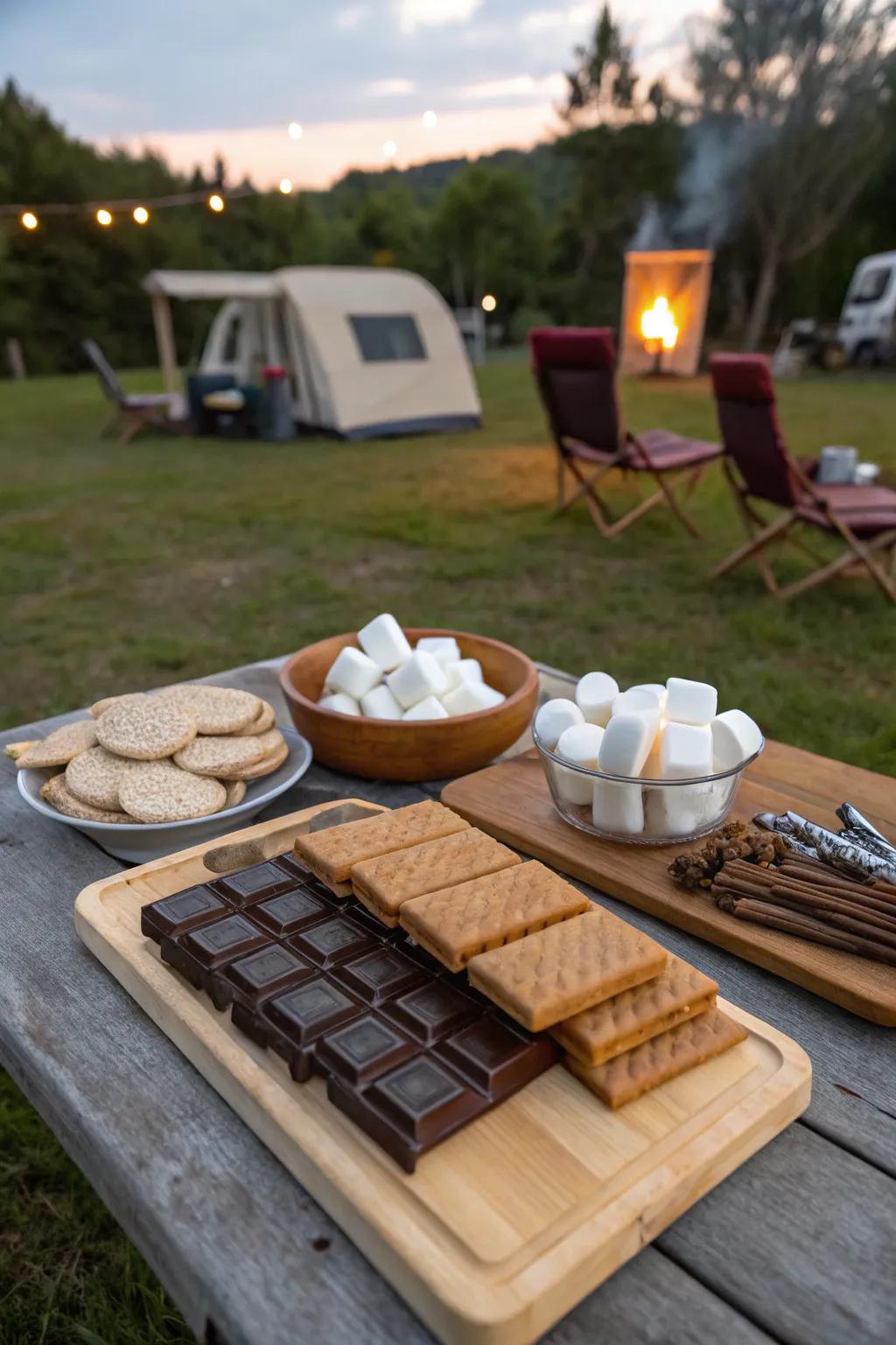 A DIY s'mores bar offers a sweet, interactive dessert option for guests.