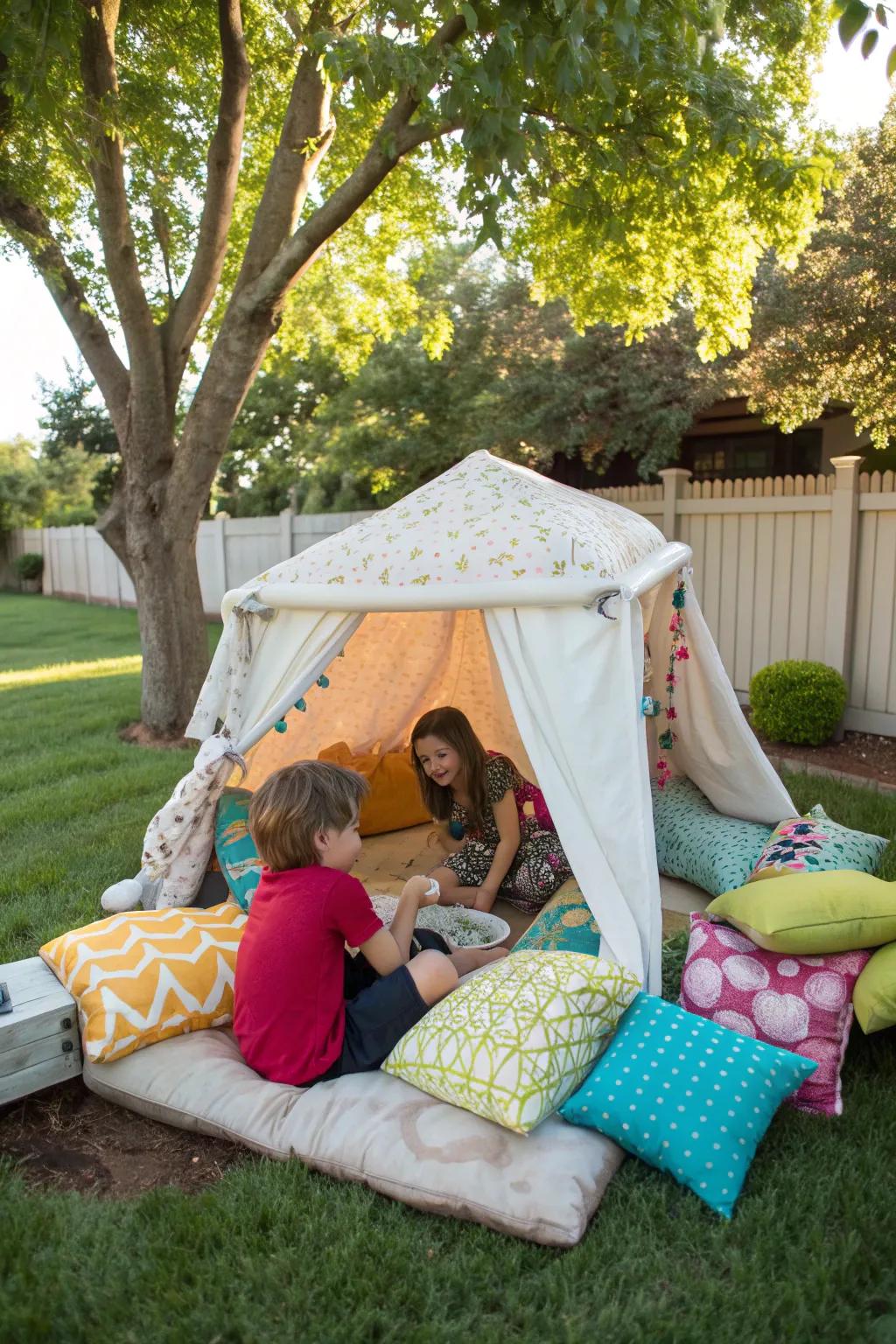 A cushion fort transforms your backyard into a playful retreat.