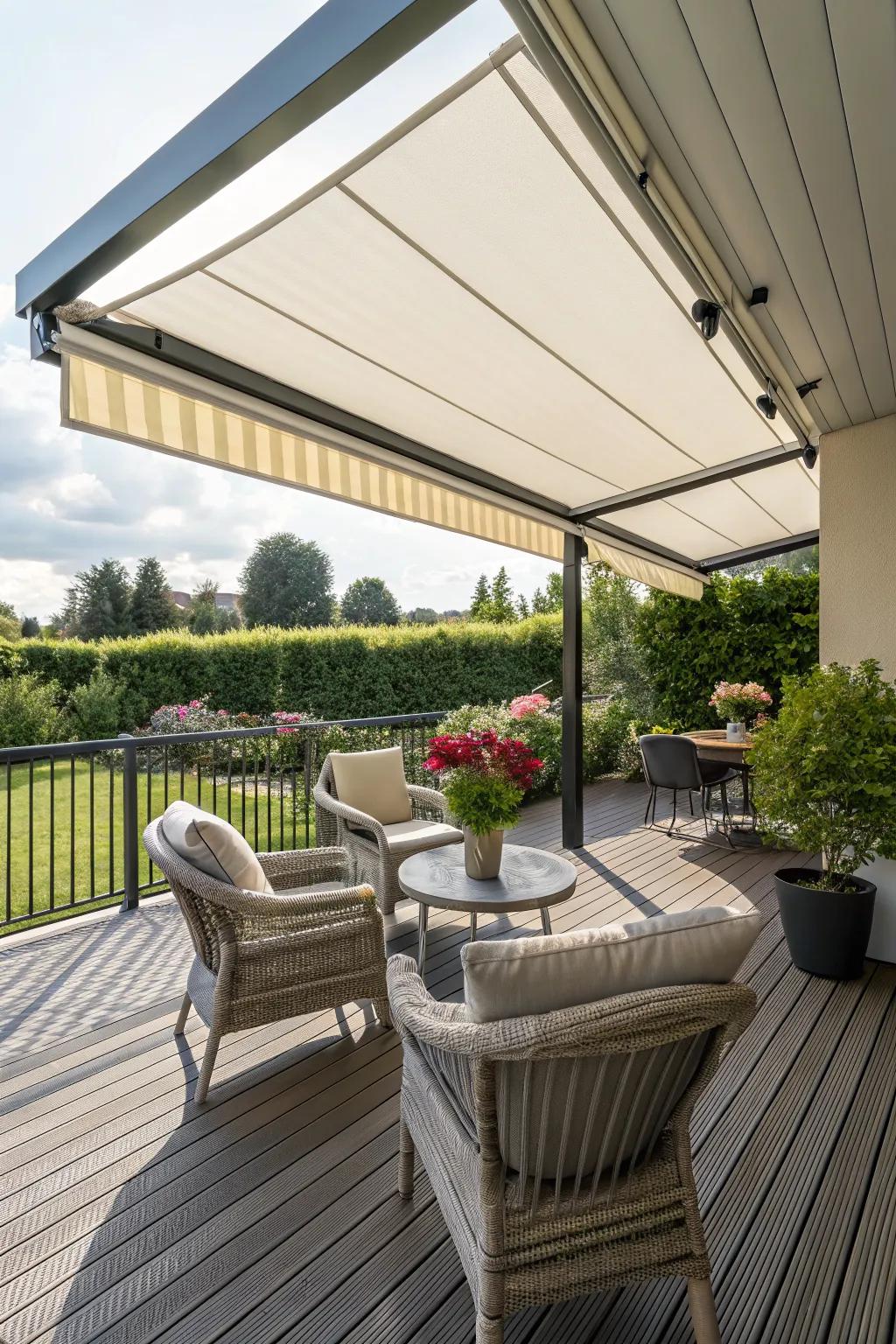 A deck with a retractable awning for flexible sun and shade.