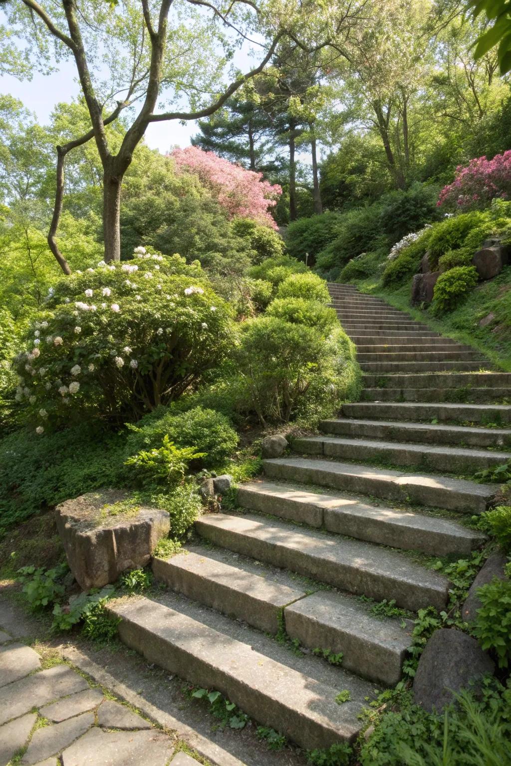 Sloped terrains are perfect for adding functional and beautiful steps.