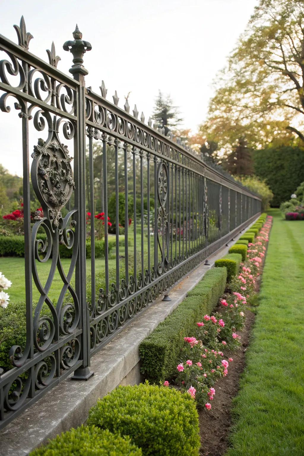 Artistic iron fencing adds elegance and strength.