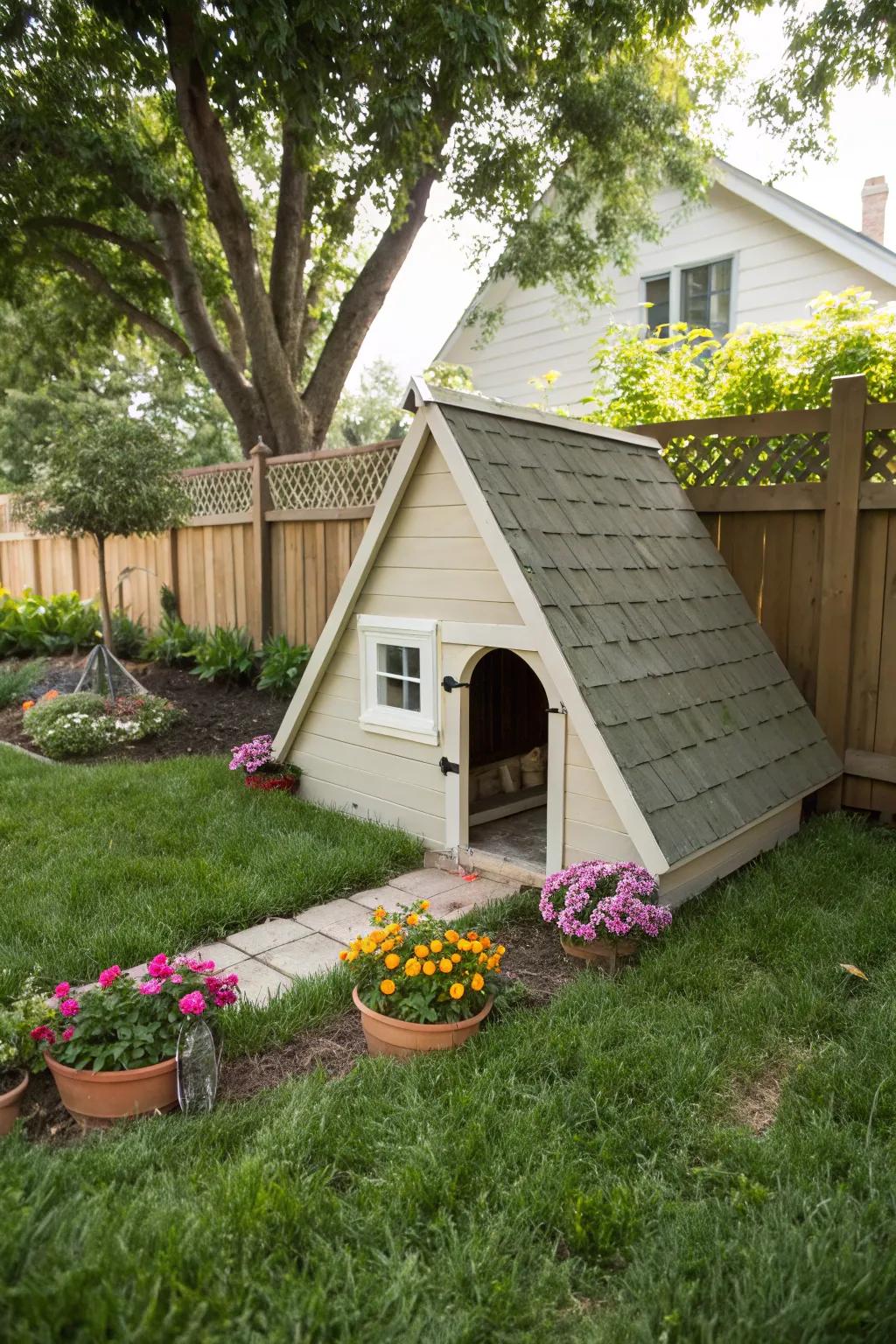 A classic A-frame dog house in a blooming garden.