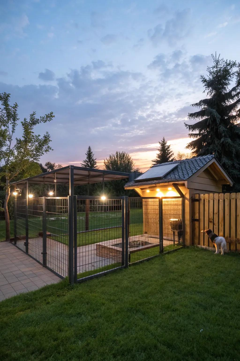 An eco-friendly dog pen with sustainable solar lighting.
