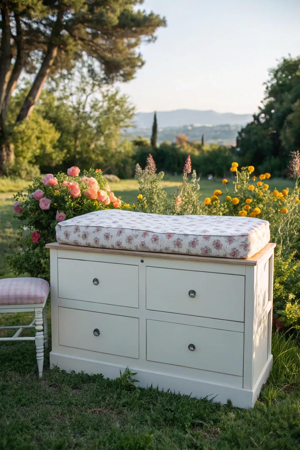A multifunctional dresser with built-in seating for a cozy outdoor area.