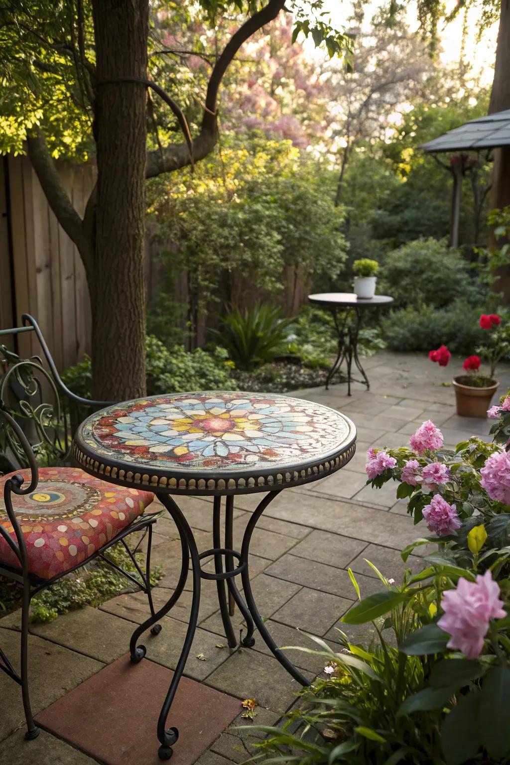 A mosaic table offers a canvas for personal artistic expression.