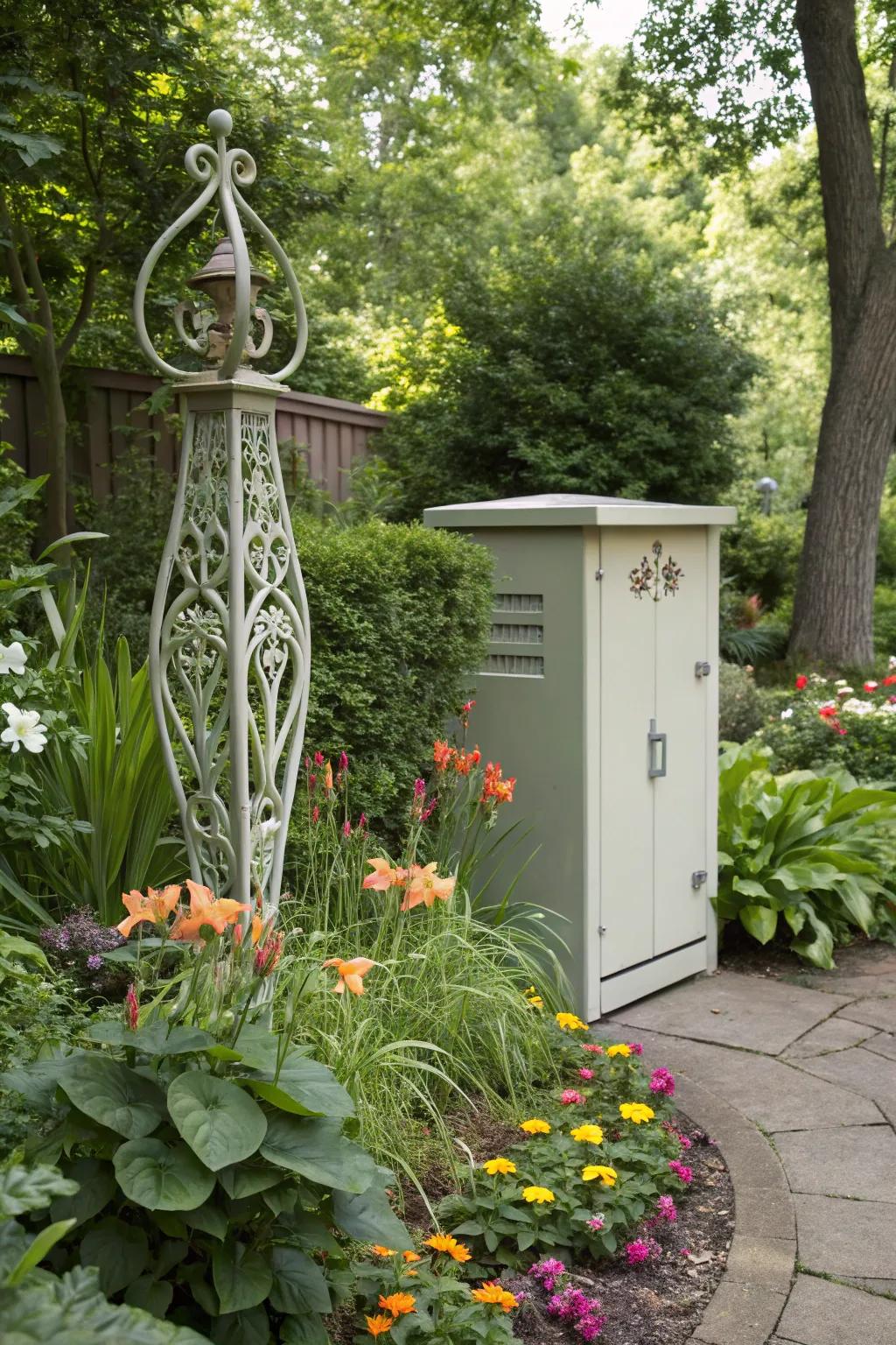 Sculptural accents can effectively divert attention from hidden utility boxes.