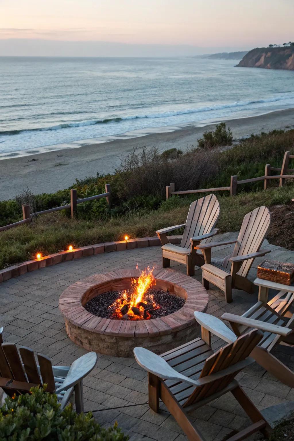 A beachfront fire pit offers a tranquil and picturesque setting.