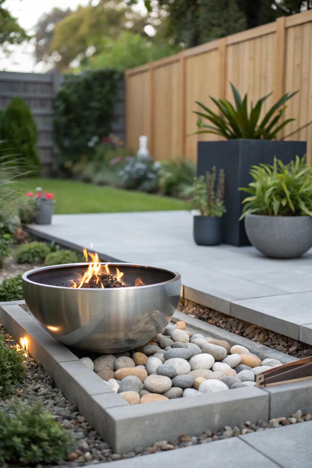 A modern steel fire pit brings a contemporary flair to your garden.
