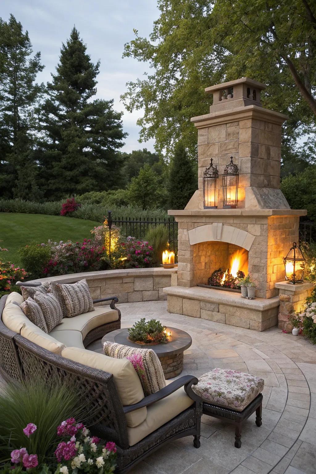 Built-in seating around the fireplace maximizes space and comfort.
