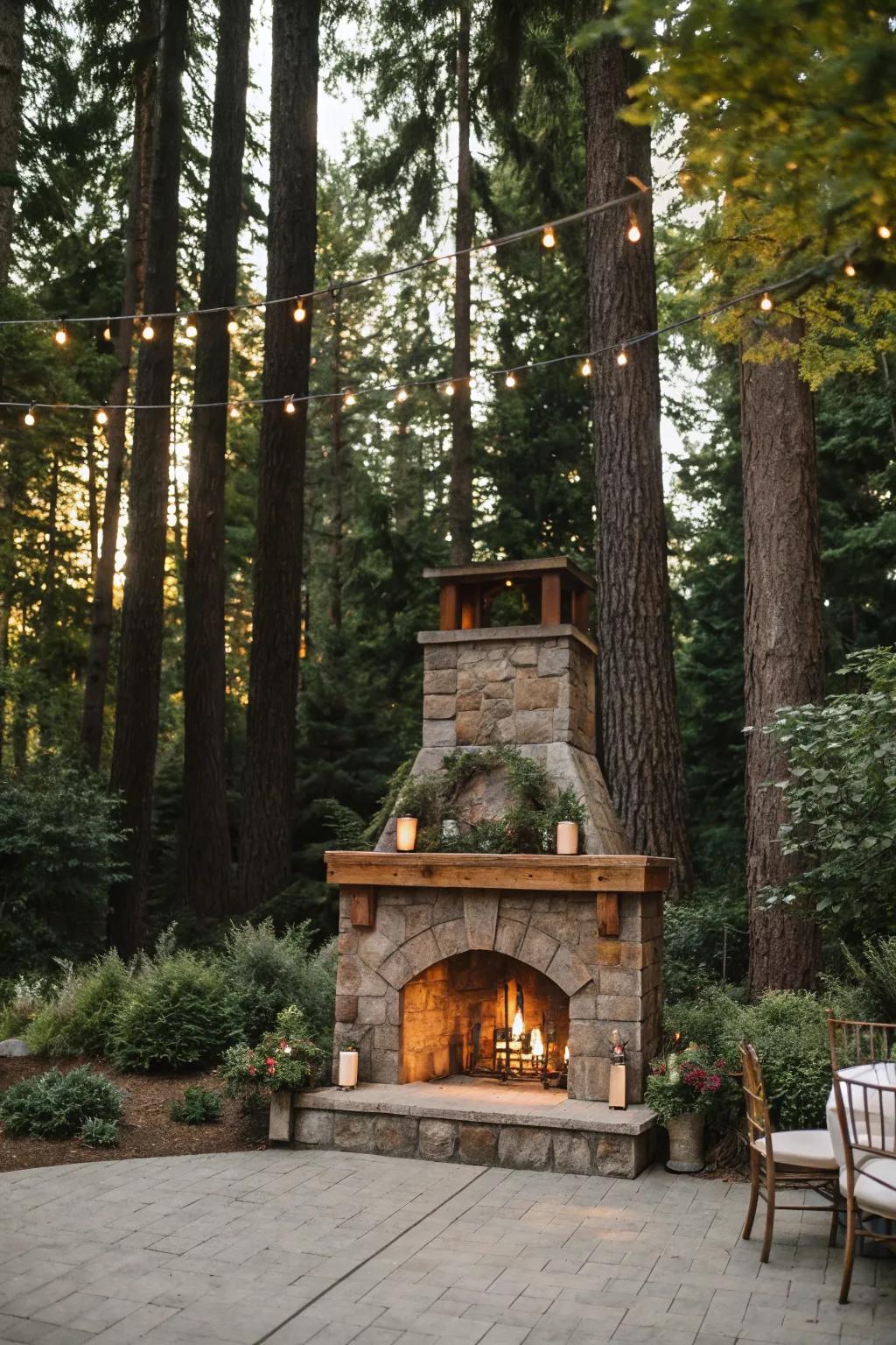 A rustic wooden mantel that adds charm to an outdoor fireplace in a natural setting.