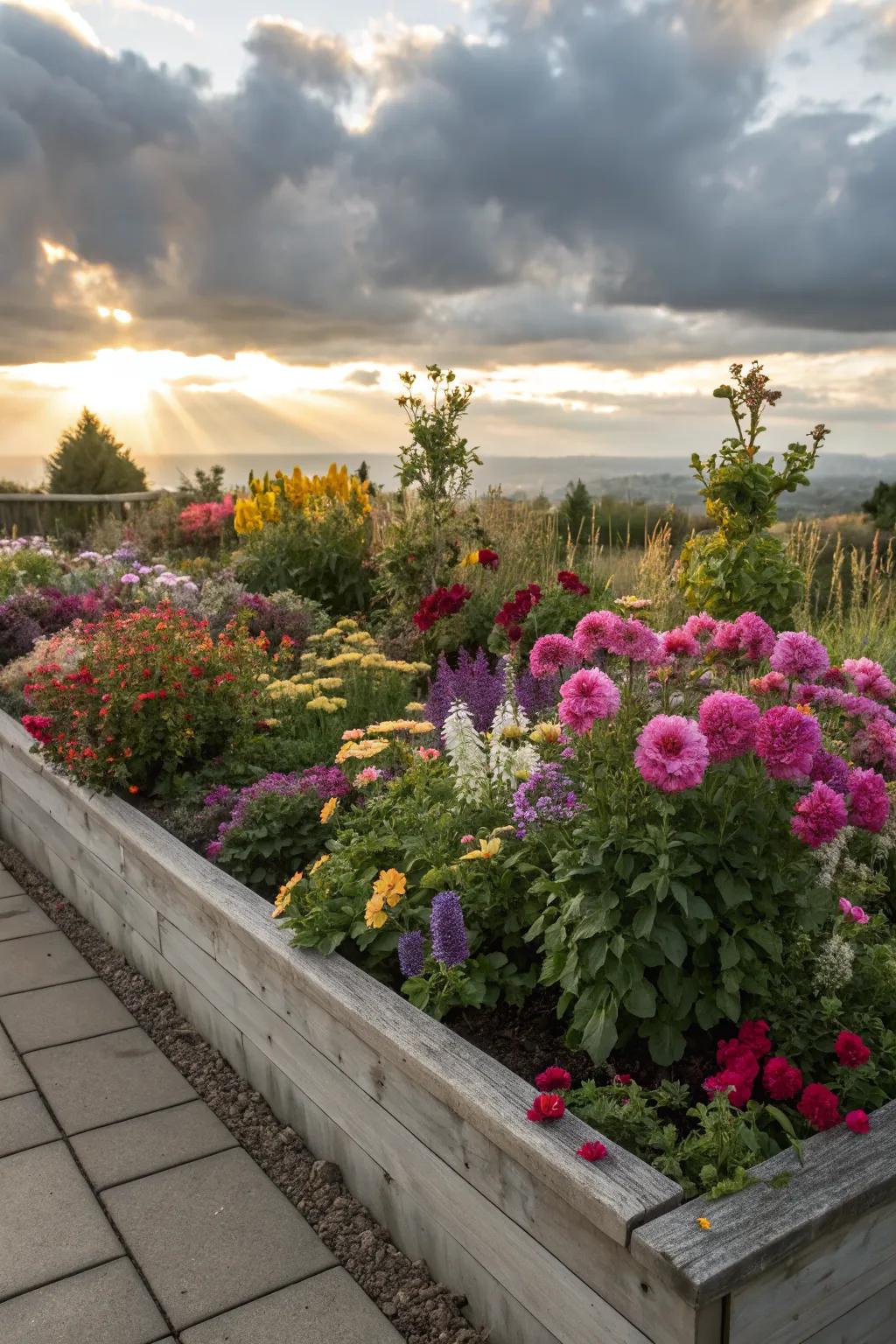 An organized and vibrant raised flower bed.