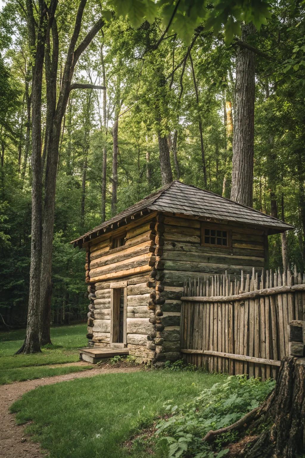 A rustic log cabin fort, blending beautifully with its natural surroundings.