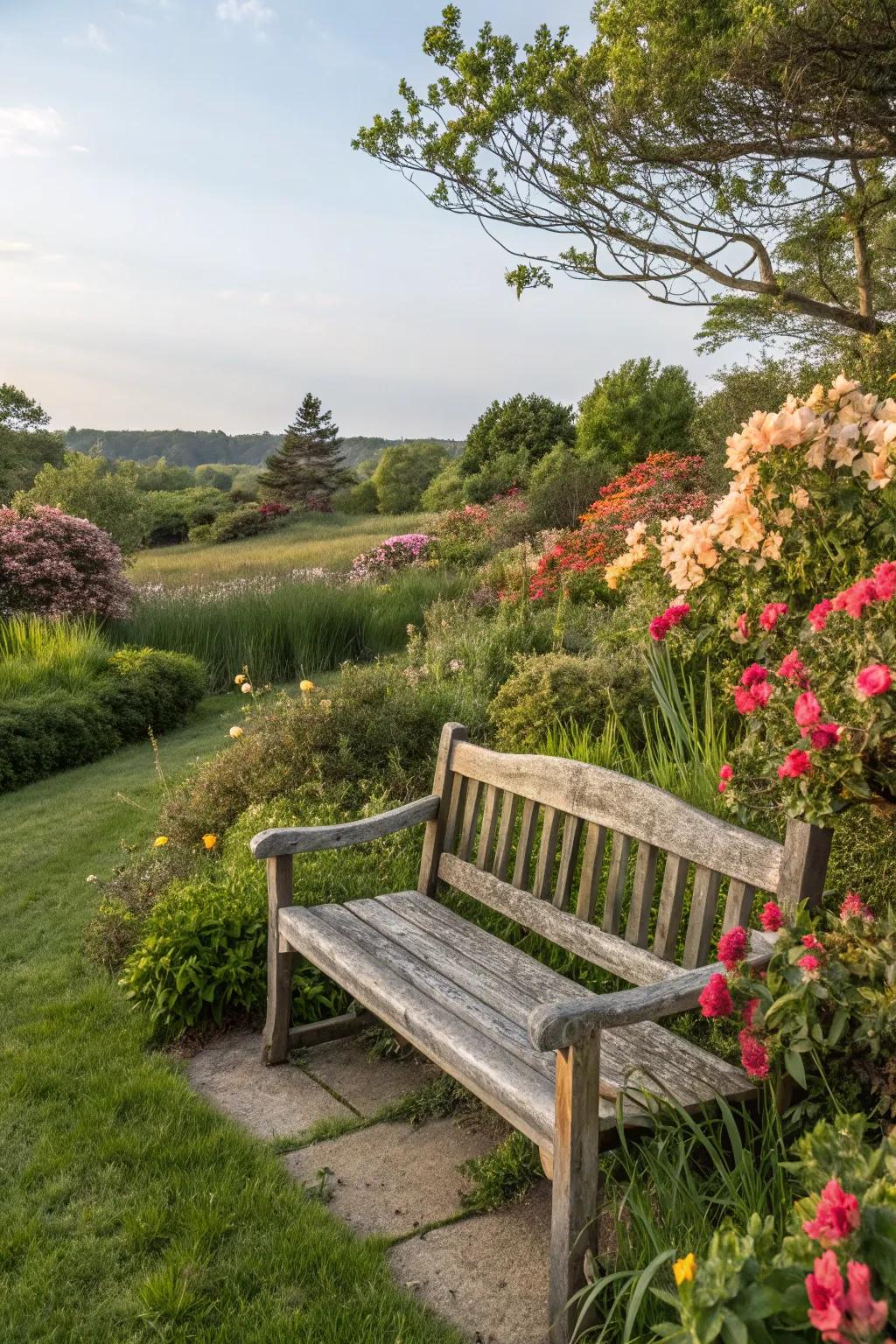 Find tranquility with a charming rustic bench.