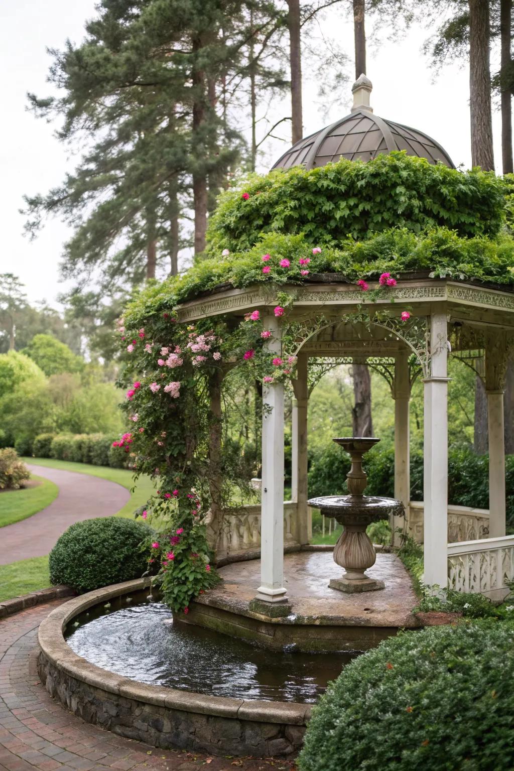A water feature creates a serene atmosphere in your gazebo.