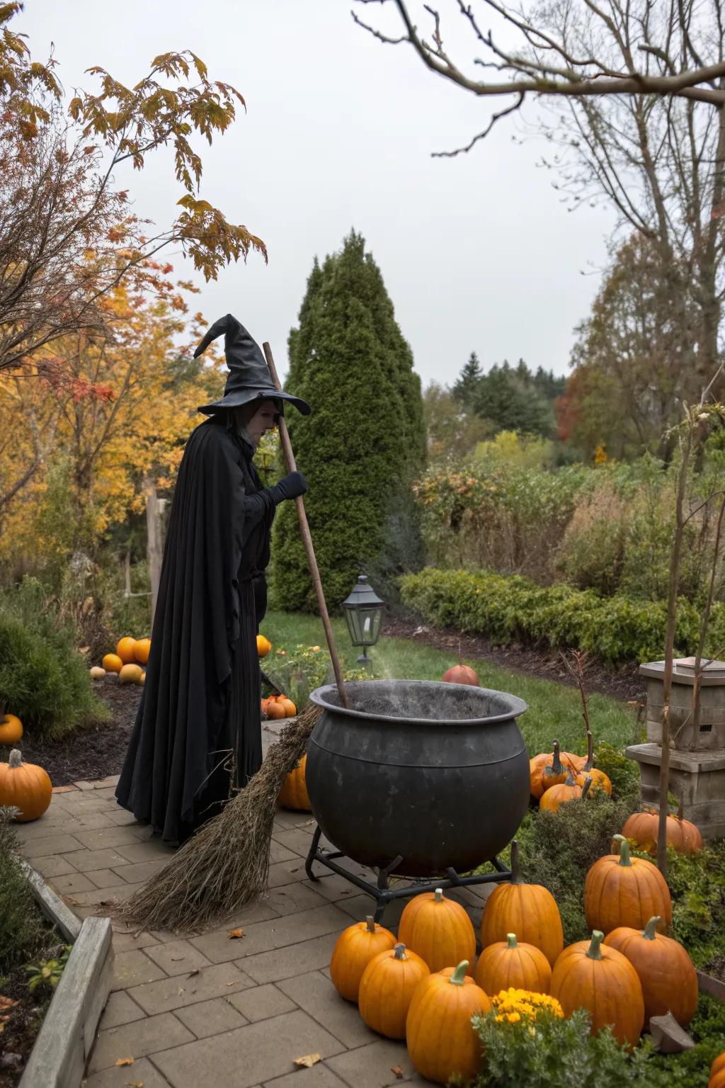 A life-sized witch adds a thrilling surprise to your garden.