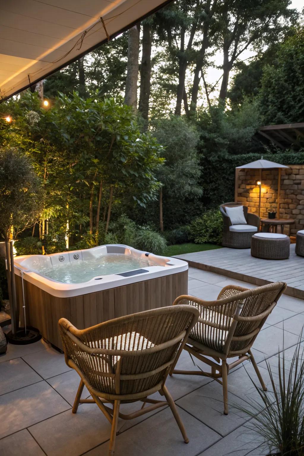 Comfortable seating enhances the lounging experience around your hot tub.