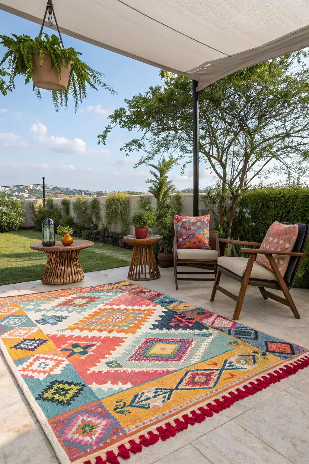 A vibrant outdoor rug adds color and cohesion to the seating area.