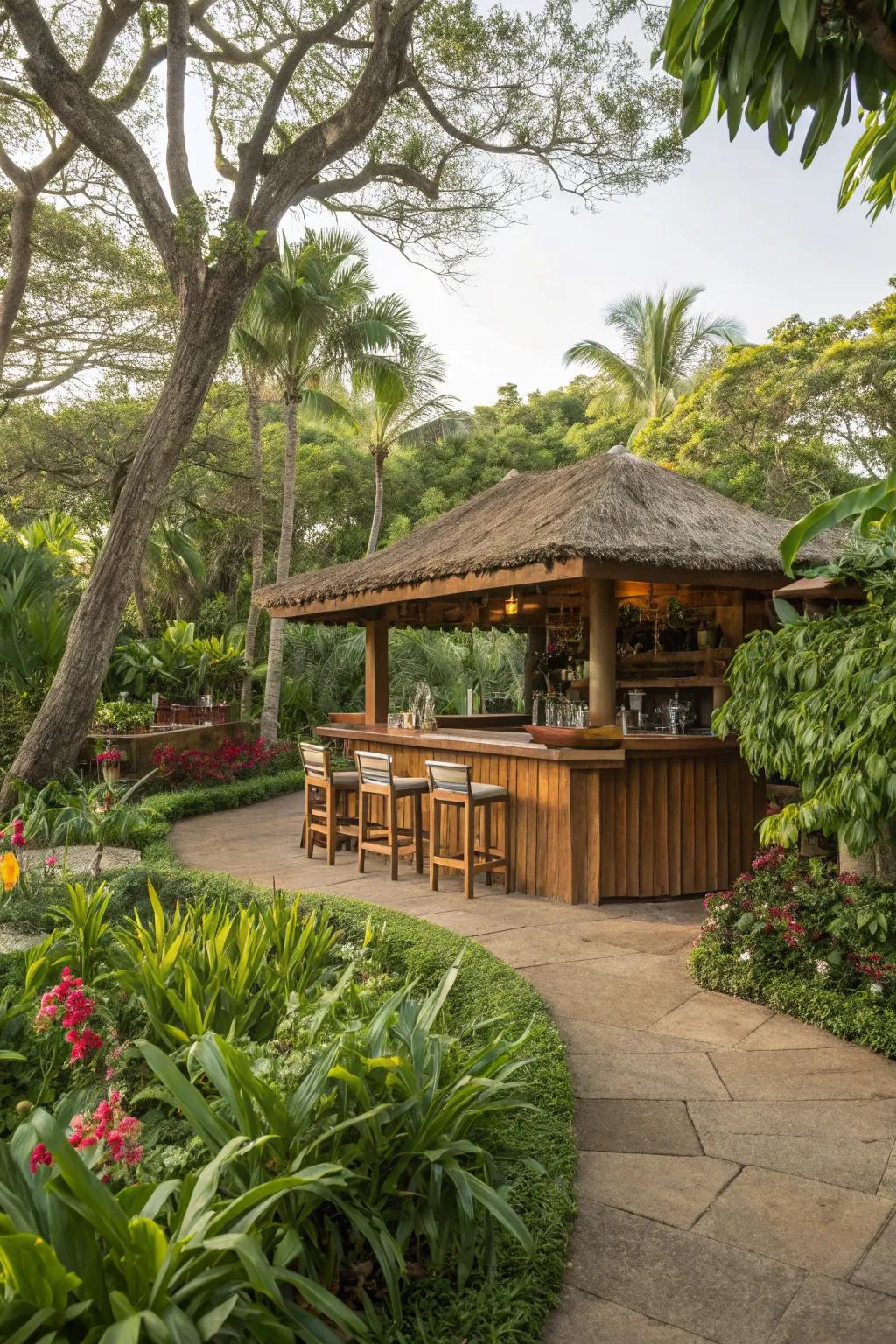 Outdoor island bar integrated with garden design.
