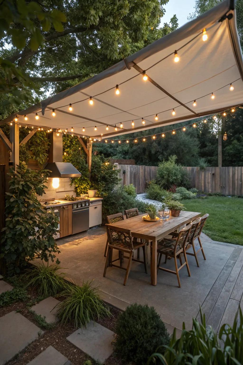 Create evening magic with a canvas awning and string lights.