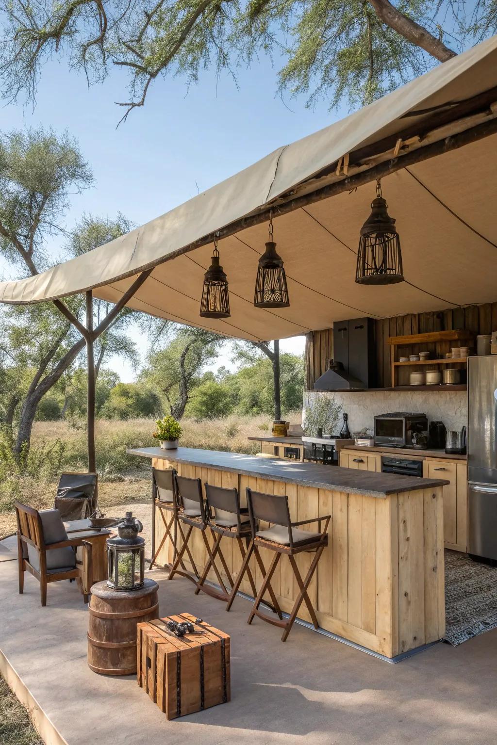 A cozy canvas canopy brings a tent-like feel to this outdoor kitchen.